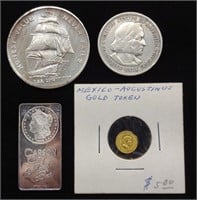 Mexico Gold Coin & 3 US Silver Pieces