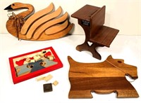 wooden craft, swan, dog, desk