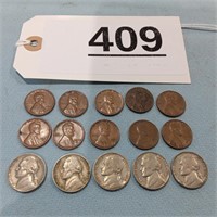 15 Assorted Wheat Cents & Nickels
