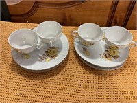 Snack set, 4 plates and cups, pretty yellow rose