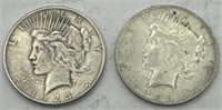 (KK) 2 Silver Peace Dollar Coins 1923s & 1926