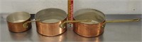 3 copper pots w/brass handles