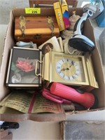 Box w/ trinket boxes, clock, misc