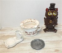 VINTAGE ASHTRAYS & OWL DECANTER