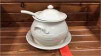 Soup tureen with bottom platter , lid, and ladle