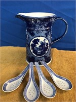 Flow Blue + WhiteType Water Jug & Porcelain Spoons