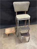 Vtg. Step Stool Chair & Wooden Step Stool