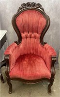 Vintage Carved Wooden Tufted Arm Chair