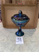 VTG iridescent blue carnival glass compote candy