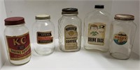 Lot of Glass Jars w/ Baking Powder, Vinegar,