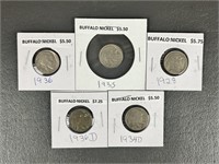 Five Various Date Buffalo Nickels