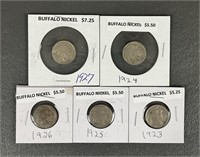 Five U.S. Buffalo Nickels (1924-1927)