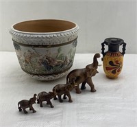 8x9.5in - pottery vases and wooden elephants
