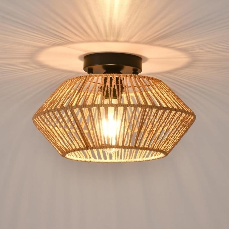 Rattan Ceiling Light, Boho Semi Flush Mount