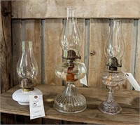 (2) Hollow Stem Glass Oil Lamps and (1) Milk Glass