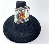 Heavy Sterling Amber Ring (Unique) 6 Gr Size 8