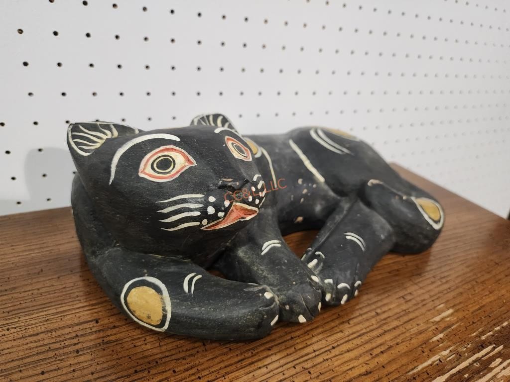 Wood Carved Black Cat Painted Vintage Figurine