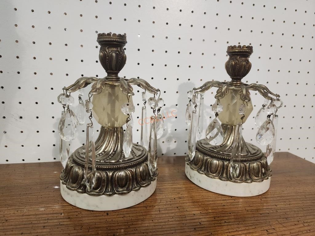 2 Hollywood Regency Candle Holders Marble Crystal