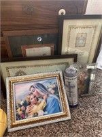 LOT OF FRAMED RELIGIOUS IMAGES & CANDLE