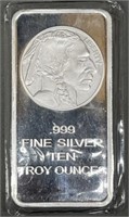 10 Troy Ounce Indian/Buffalo .999 Silver Bar