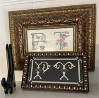 Framed Initials "P T", Needlepoint 10.5" x 6.75"