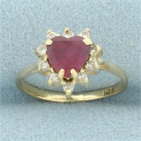 Heart Ruby and Diamond Halo Ring in 14k Yellow Gol