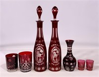 Pr. Venetian glass bottles, red to clear design,