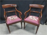 PAIR MAHOGANY DINERS W/ FLORAL EMBROIDERED SEAT
