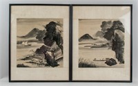 Pair Framed Korean/Chinese WC on Paper Landscape