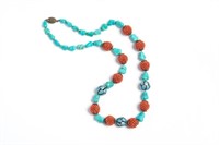 CORAL, TURQUOISE & SILVER ENAMEL BEADED NECKLACE