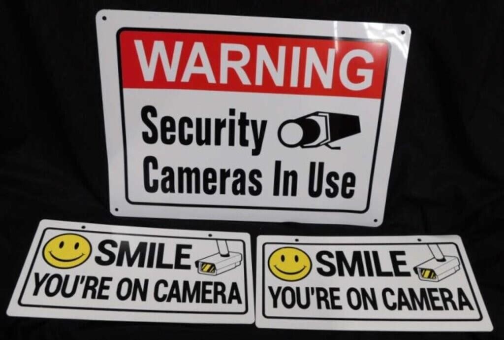 3 security camera warning signs: Metal, 14" x 10"