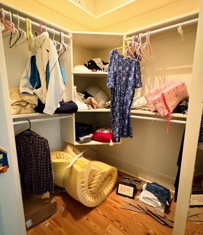 Contents of closet -clothing, blanket, decor items