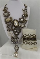 Chico's Pearl and Gold Bib Necklace and Bracelet