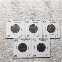 5 Canadian Nickels 1936 VF, 1937 VF,1938 XF,1939