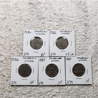 5 Canadian Nickels 1936 XF,1936 VF, 1936 VF, 1937