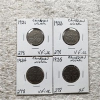 4 Canadian Nickels 1929 VF,1930 F, 1931 XF, 1933