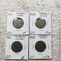 4 Canadian Nickels 1931 VF,1933 VF,1934 VF, 1935