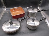 Red Copper Pan w/ Lid & Other Pots
