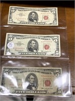 THREE 1963 RED SEAL $5.00 BILLS