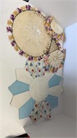 (6) crochet dollies, (1) handmade patchwork scarf