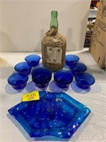 COBALT BLUE GLASS BOWL SET, BLUE ART GLASS TRAY &