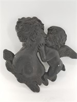 Cast iron mother with angelic child, wall plaque,