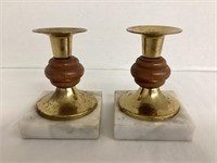 Two Metal and Wood Candlesticks with Marble Base