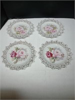4 Lefton hand painted rose plates with gold