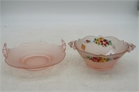(2) Pieces Pink Satin Glass ~ One Hand Painted