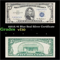 1953A $5 Blue Seal Silver Certificate Grades vf++