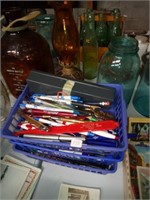 2 bins various pens & letter openers