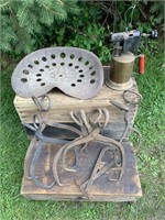 PRIMITIVE LOT WITH ICE TONGS/ TRACTOR SEAT