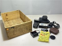 Asstd Camera Accessories And Wood Wine Crate