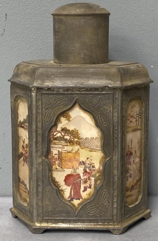 Pewter Chinese Glass Panel Tea Caddy